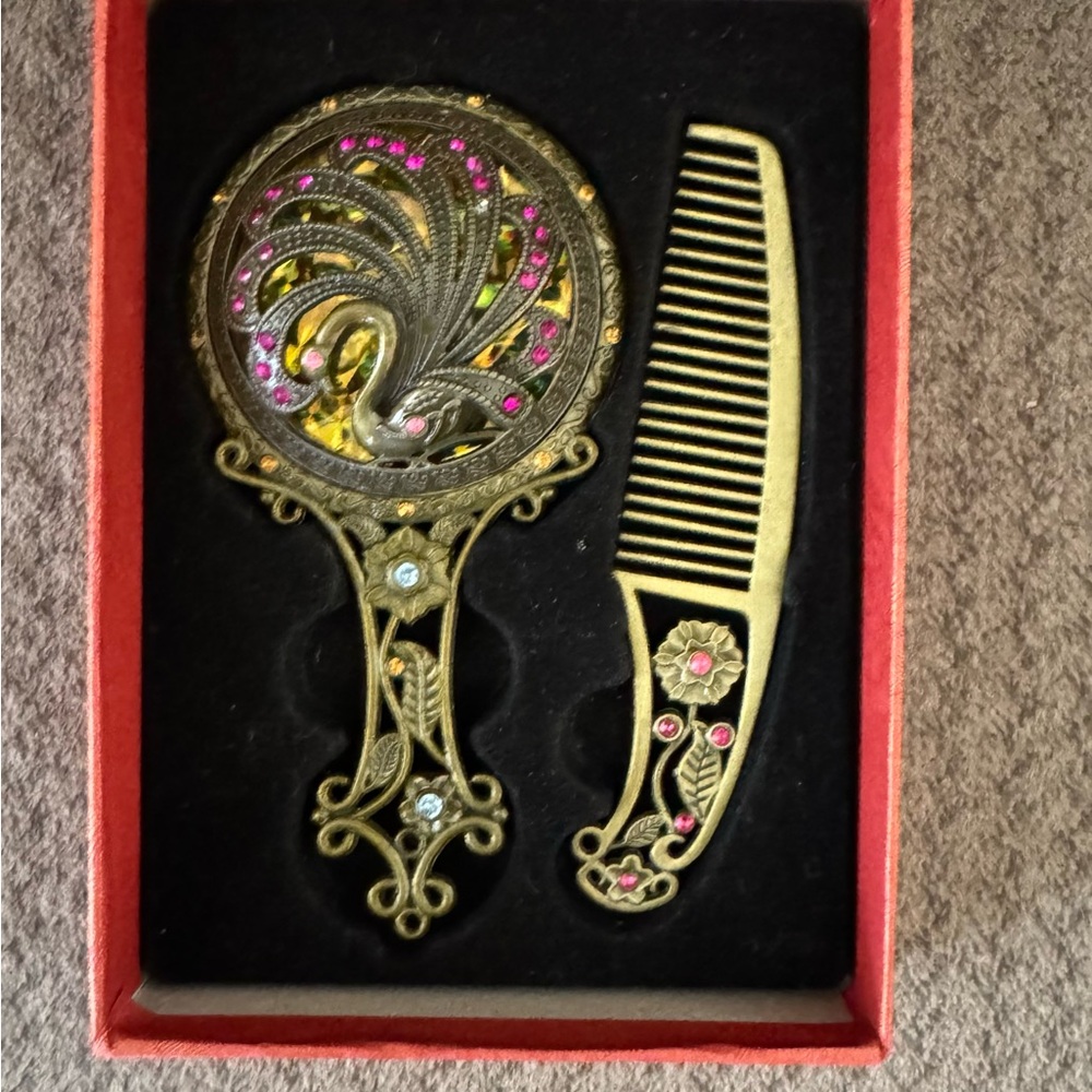 Vintage Ornate Brass Hand Mirror & Comb Set- Rhinestone Peacock Design
